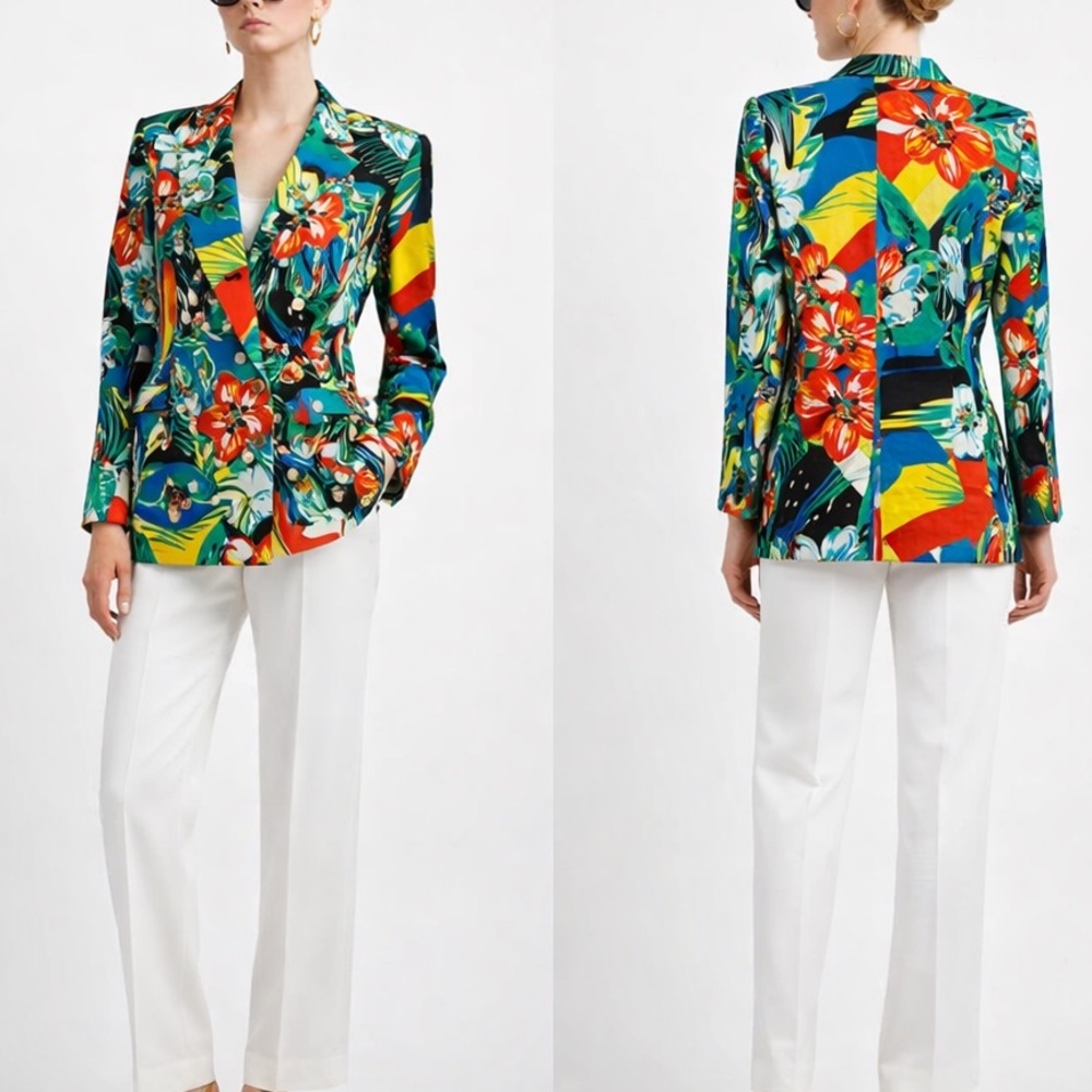 Escada Vintage Luxury Blazer Tropical Floral Parrot Cotton Germany 34 / 4 - Picture 8 of 9